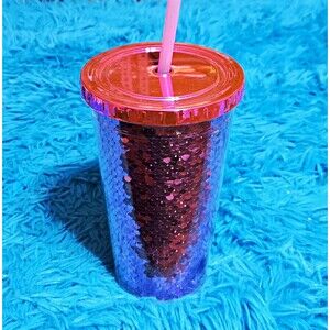 True Living Pink Sequin Plastic Tumbler 18oz with Lid and Straw